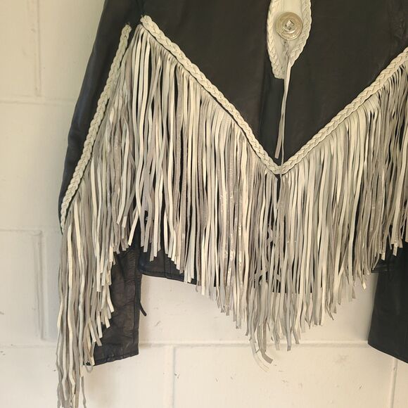 VTG Leather King Black & White Fringe Moto Jacket Braided Western Biker Women XL - Picture 16 of 16